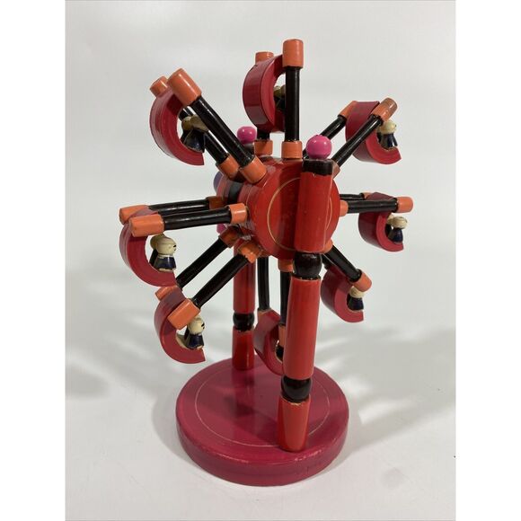 Vintage OOAK Wood Toy Ferris Wheel Hand Crank Japan? Swining Cars w/ people 8.5” - Picture 5 of 6